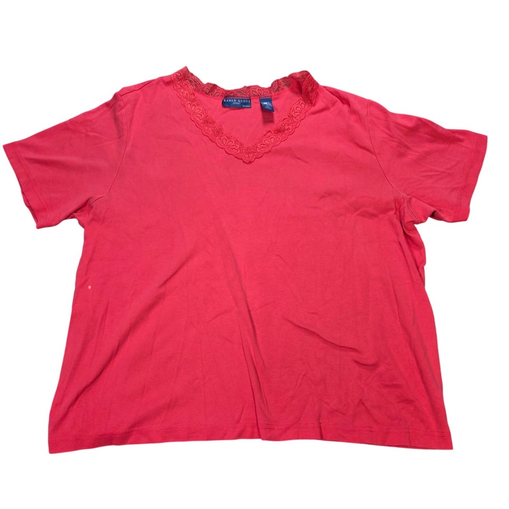 Karen Scott Sport Lace Trim V-Neck T-Shirt Women's 1X Pink Cotton Short Sleeve